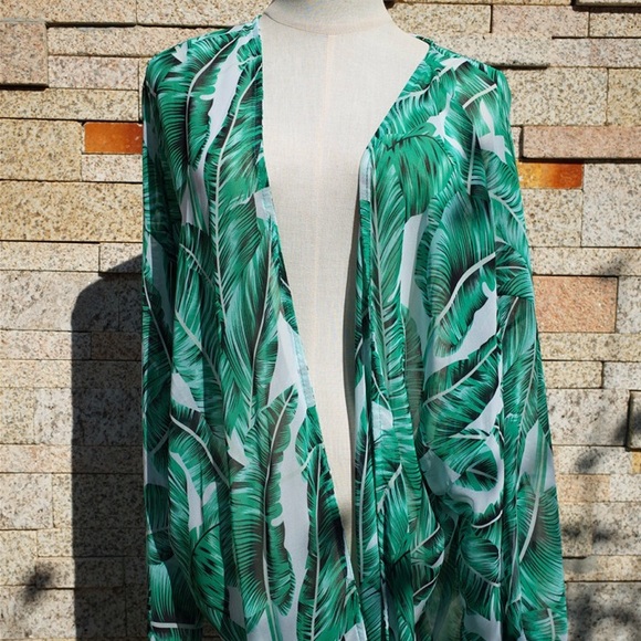 SOLD OUT CLEARANCE Tropical Green Palm Leaf Chiffon Sheer Coverup - Picture 3 of 4